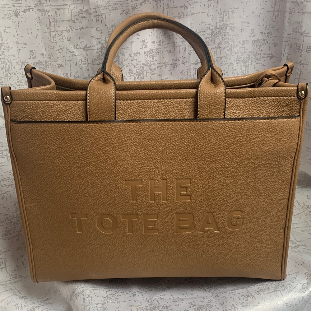 Tan Pebbled Tote Bag with Embossed THE TOTE BAG